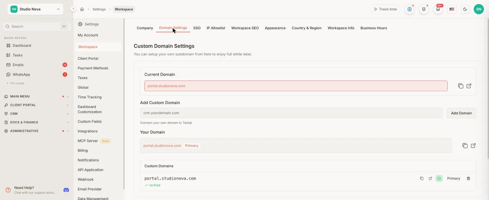 Custom domain settings for a white-label client portal