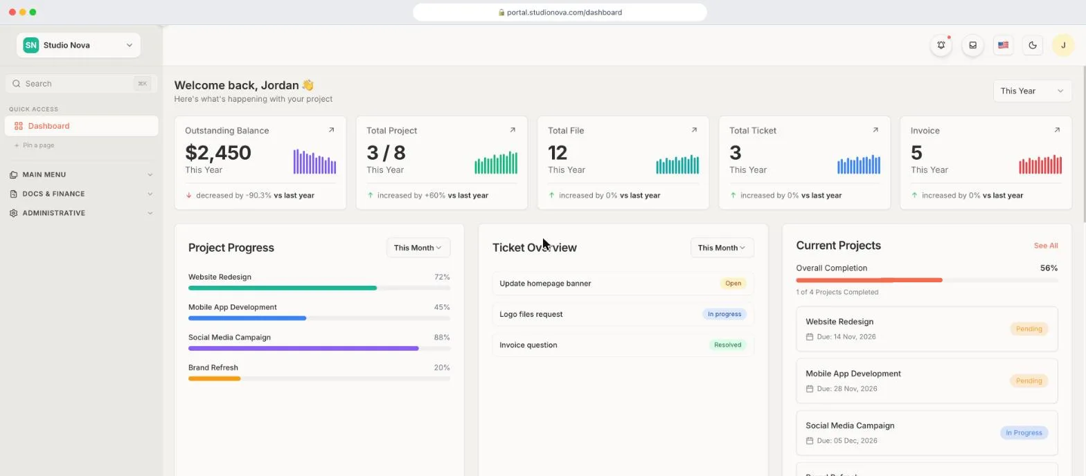 Taskip client portal dashboard showing projects, tickets and invoices for a client
