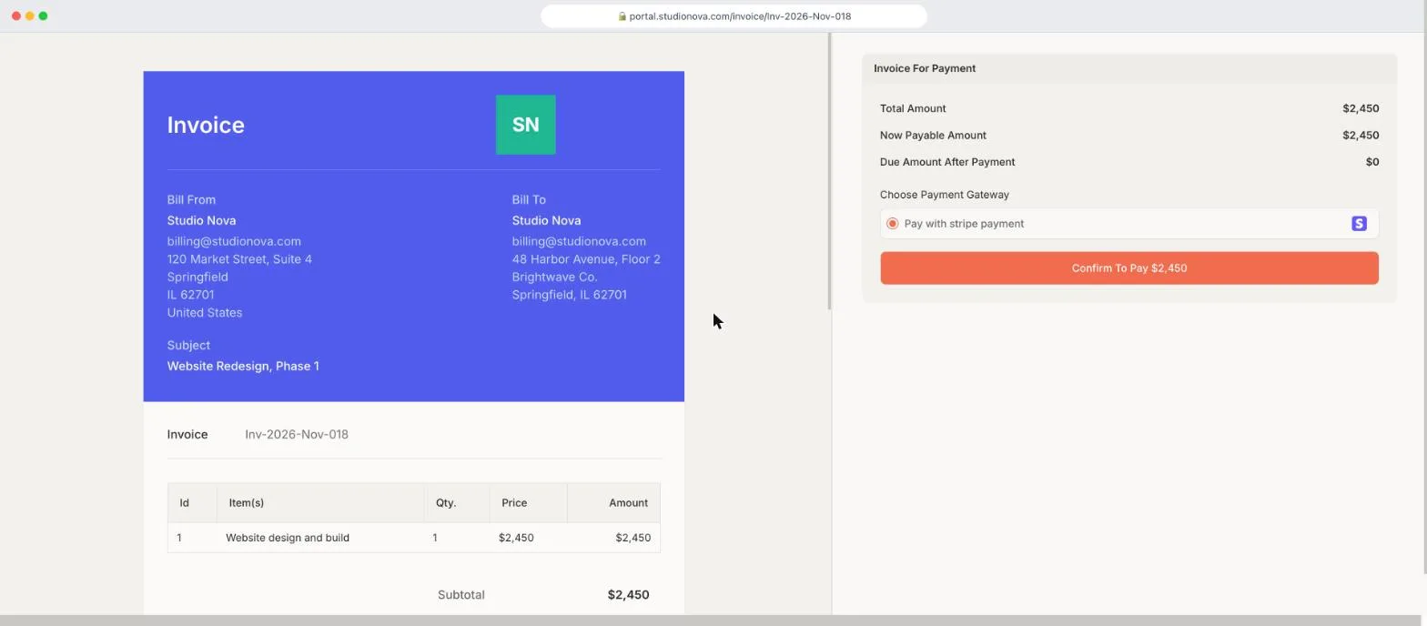 Client paying an invoice with Stripe inside the Taskip client portal