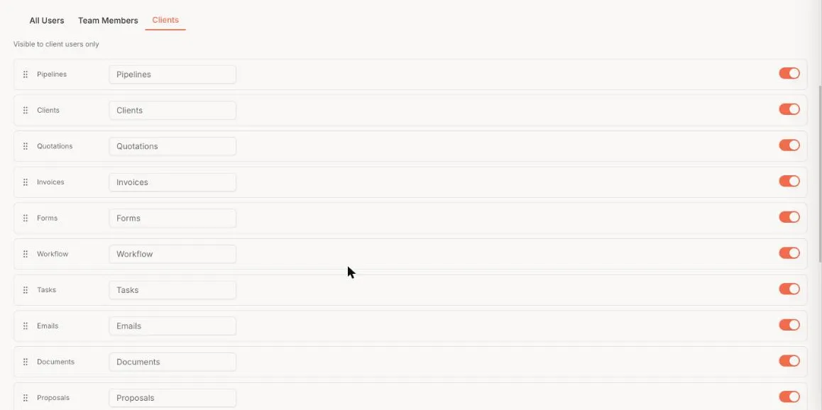 Client portal menu visibility settings choosing which modules clients see in the sidebar