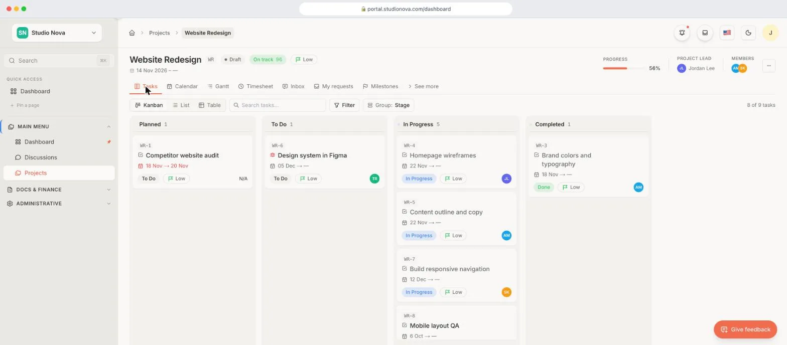 Client portal project board with tasks grouped by stage and assigned team members