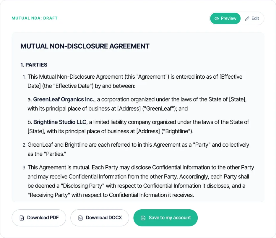 Mutual NDA drafted by Taskip's free NDA generator for GreenLeaf Organics and Brightline Studio, showing the parties clause with Download PDF, Download DOCX and Save to my account buttons