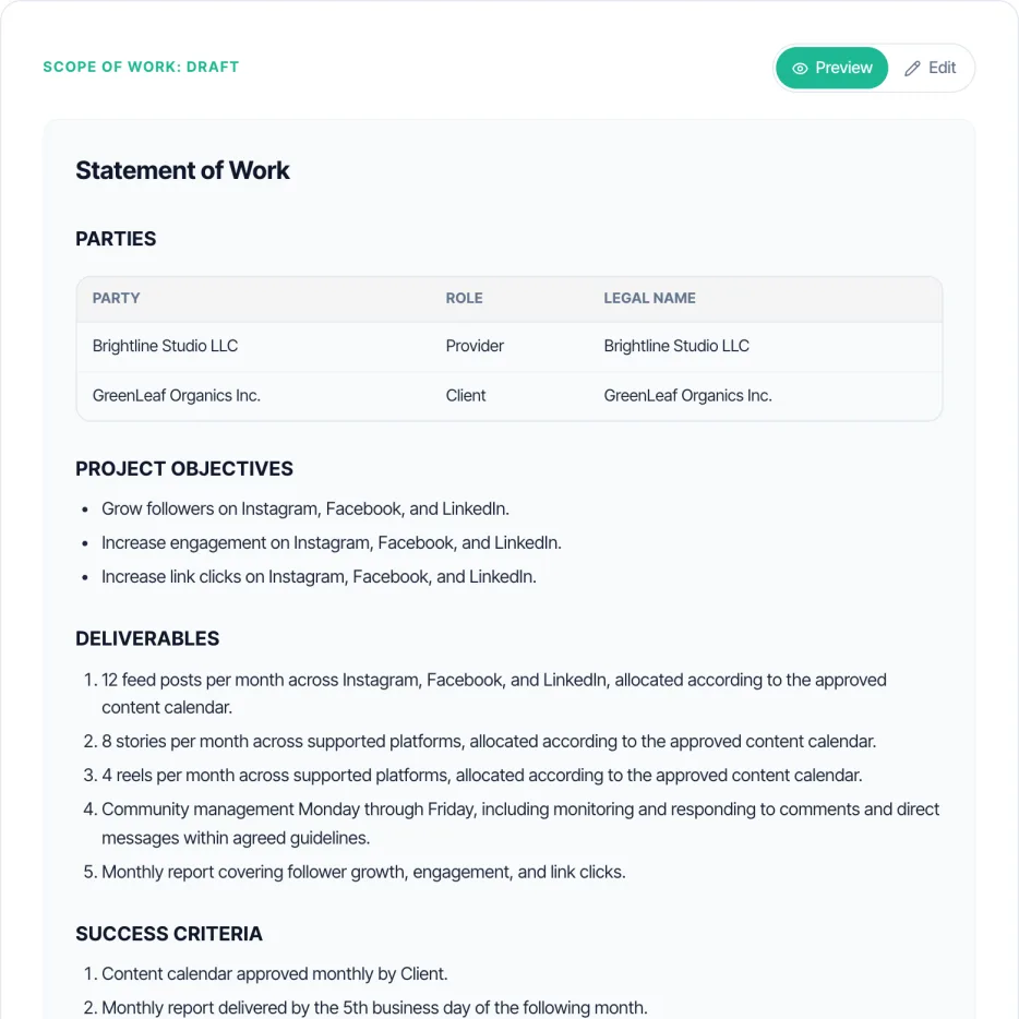 Scope of work drafted by Taskip's free scope of work generator for a social media retainer, showing parties, project objectives, deliverables and success criteria