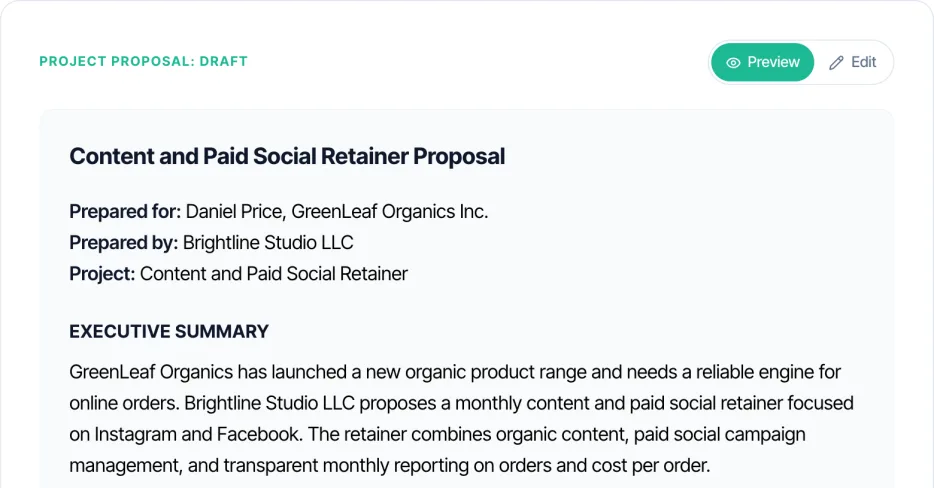 Proposal drafted by Taskip's free AI proposal generator for a content and paid social retainer, showing prepared for and prepared by details and the executive summary