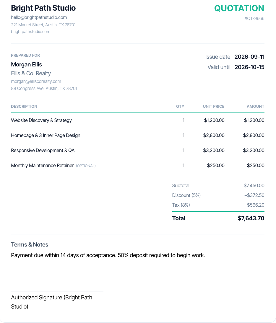 Example quotation generated by Taskip's free quotation generator, showing itemized line items, subtotal, discount, tax, and total for a website design project