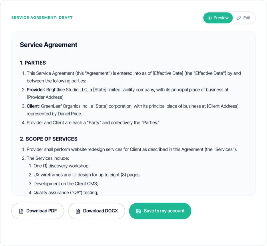 Service agreement drafted by Taskip's free contract maker for a website redesign, showing numbered parties and scope of services clauses with Download PDF, Download DOCX and Save to my account buttons