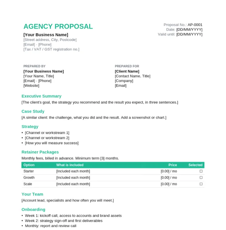 Agency proposal template with executive summary, case study, strategy and a Starter, Growth and Scale retainer packages table