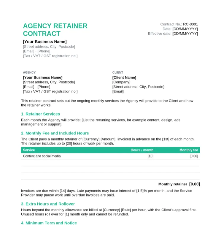 Agency retainer contract template with monthly fee, included hours per service, extra hours and rollover, minimum term and notice clauses