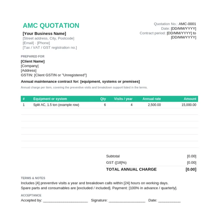 AMC quotation format with equipment, quantity, visits per year, annual rate and amount columns, GST and total annual charge