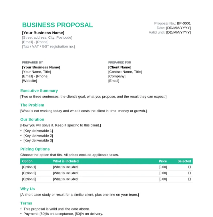 Business proposal template with prepared by and prepared for blocks, executive summary, problem, solution and a three-option pricing table