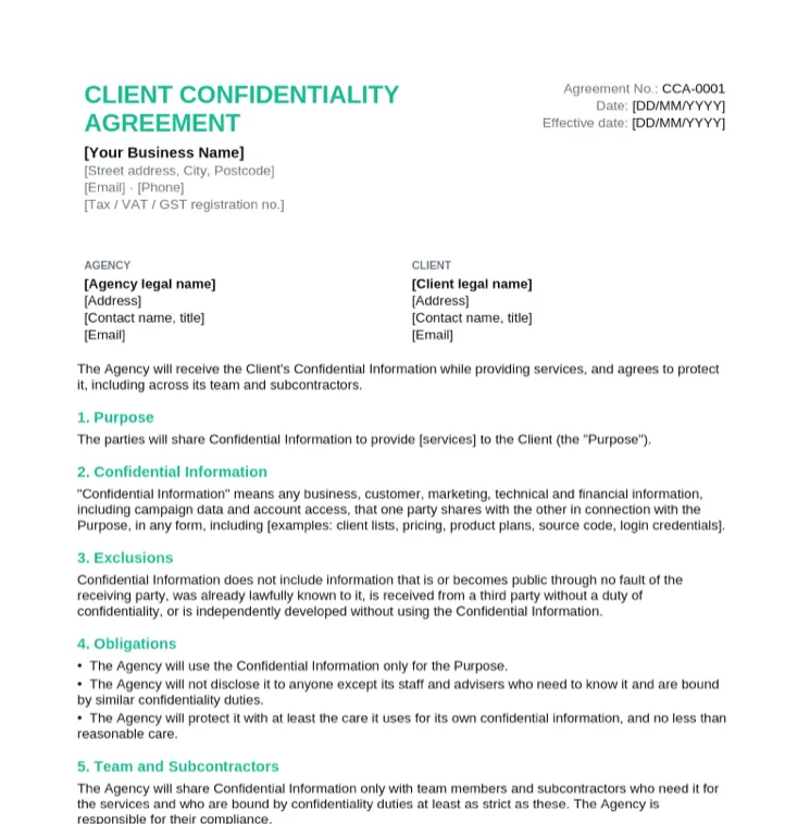 Client confidentiality agreement template for agencies with team and subcontractor and data handling clauses