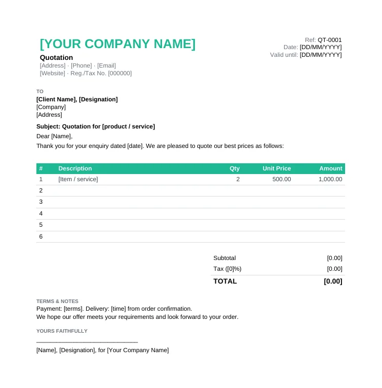 Quotation letter template on company letterhead with reference, subject, salutation, price table and formal sign-off