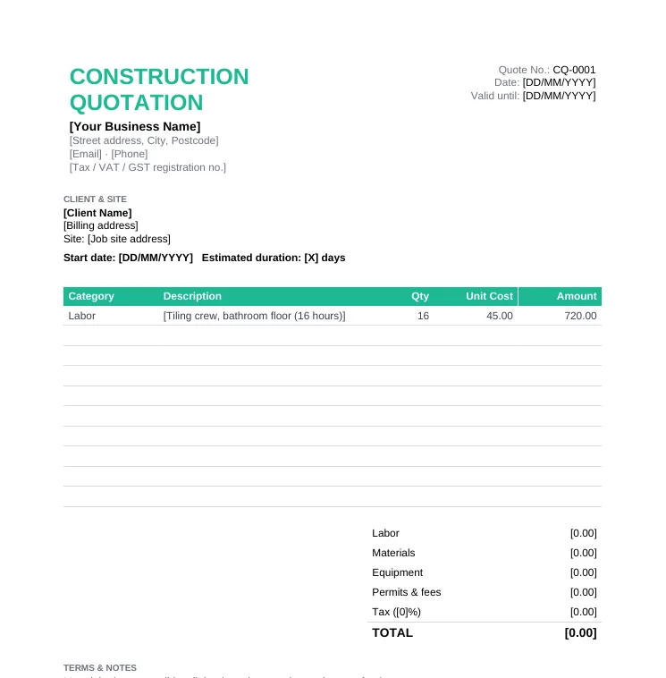Construction job quote template with category, description, quantity, unit cost and amount columns and totals for labor, materials, equipment and permits