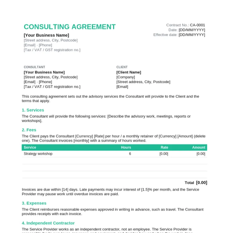 Consulting agreement template with consultant and client details, services and a fee table with service, hours, rate and amount columns
