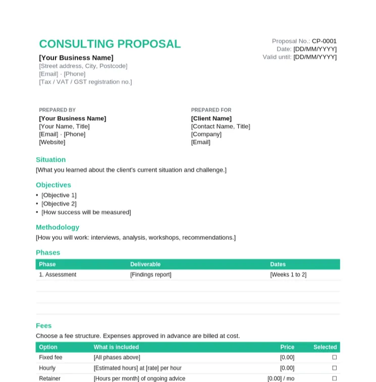 Consulting proposal template with situation, objectives, methodology, a phases table and fixed, hourly or retainer fee options