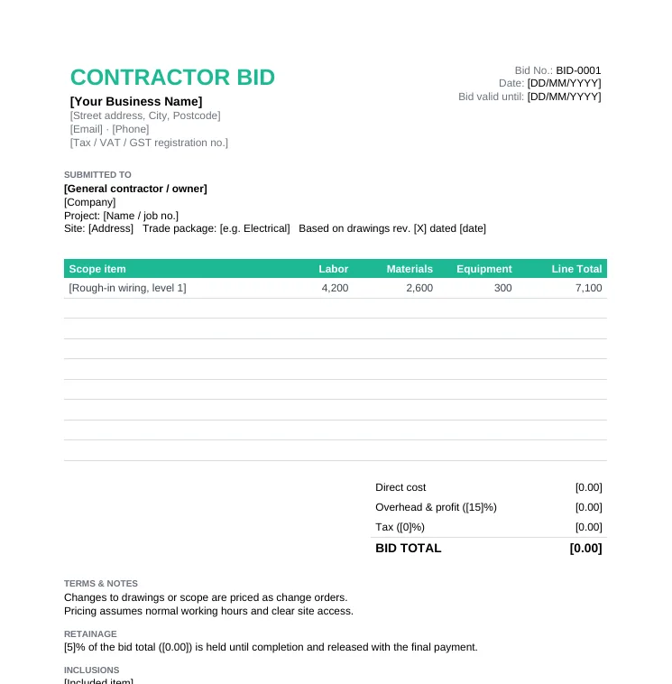 Contractor bid template with scope items, labor, materials and equipment columns, overhead and profit, bid total and retainage