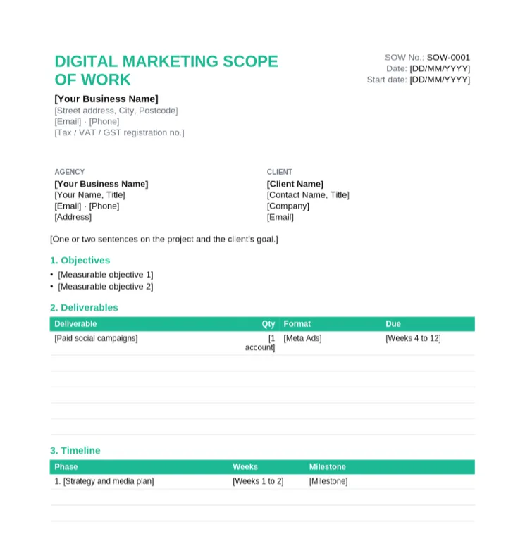 Blank digital marketing scope of work template with objectives, a deliverables table, timeline, ad spend, out of scope and a payment schedule