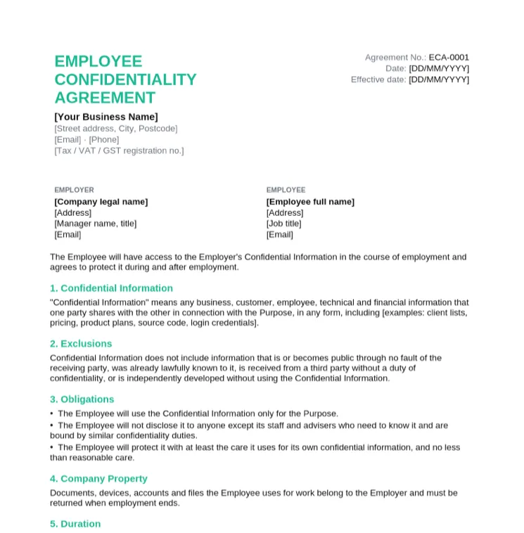 Employee confidentiality agreement template with employer and employee details, confidential information, exclusions and obligations