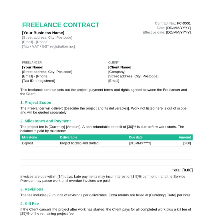 Freelance contract template with freelancer and client details, project scope and a milestone payment table starting with a deposit