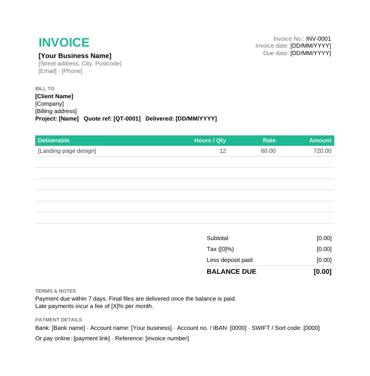 Freelance invoice template with project and quote reference, deliverables, hours, rate, deposit deducted and balance due