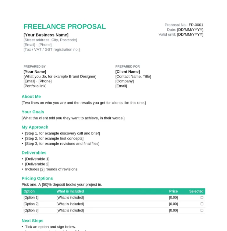 Freelance proposal template with about me, client goals, approach, deliverables and a three-option pricing table