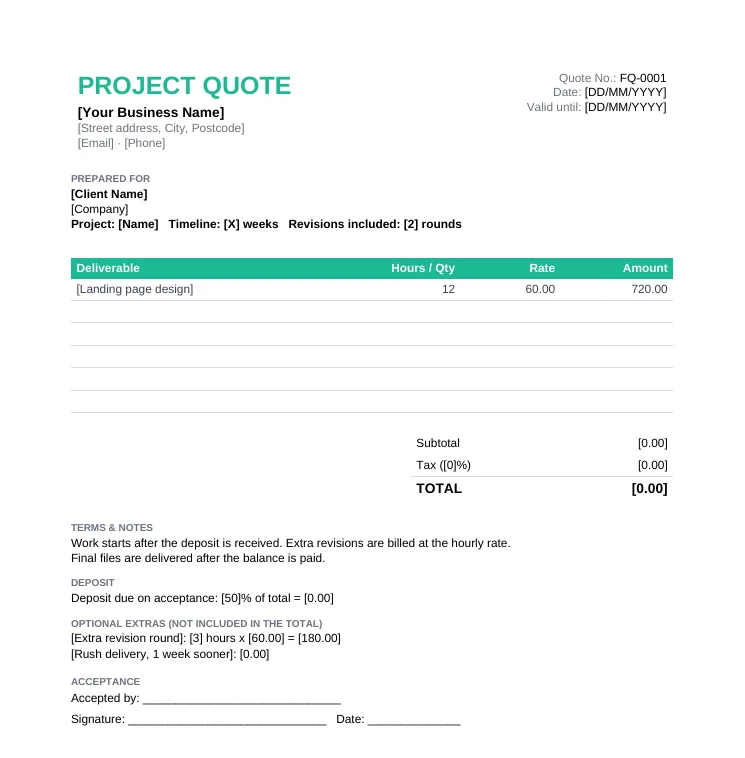 Freelance project quote template with deliverables, hours, rate, deposit and a separate optional extras table