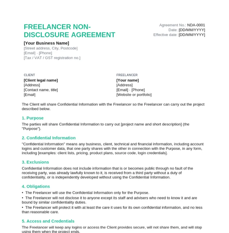 Freelancer NDA template with client and freelancer details, project purpose, confidential information and access and credentials clauses