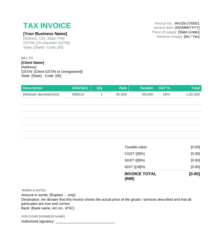 GST tax invoice format for India with GSTIN, place of supply, HSN/SAC, taxable value, CGST, SGST, IGST and invoice total in INR