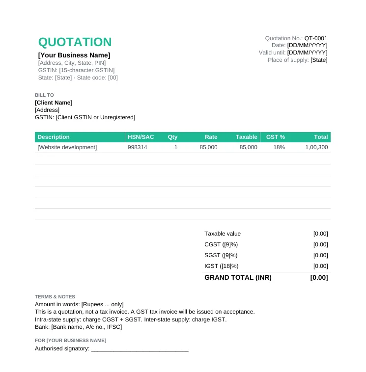 GST quotation format for India with GSTIN, HSN/SAC code, taxable value, GST rate, CGST, SGST, IGST and grand total in INR