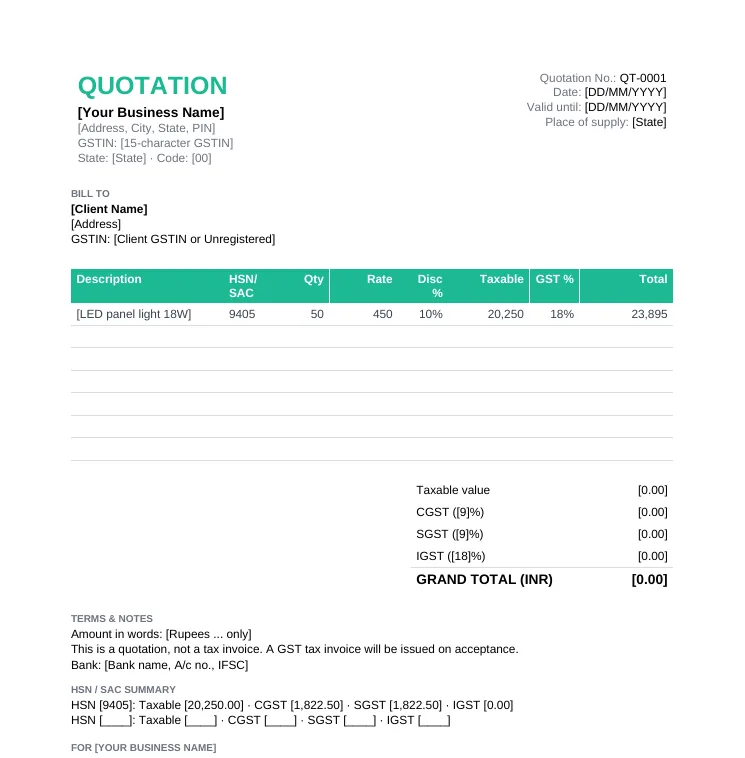 GST quotation format in Excel with per-line discount, taxable value, CGST, SGST, IGST and an HSN-wise tax summary