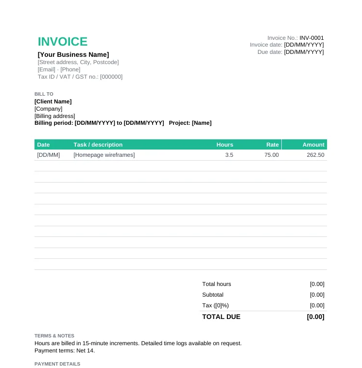 Hourly invoice template with a timesheet of dates, tasks, hours and rates, total hours, subtotal, tax and total due