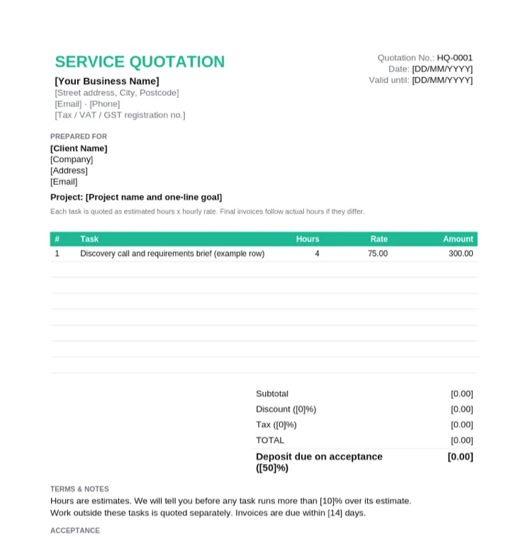 Hourly service quotation with task, hours, rate and amount columns, subtotal, discount, tax, total and deposit due on acceptance