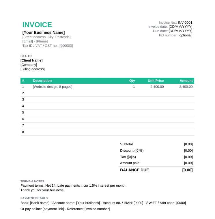 Blank standard invoice template with invoice number, due date, bill-to details, itemized table, discount, tax, amount paid and balance due