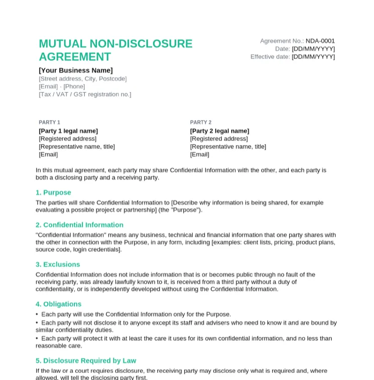 NDA template in Word for a mutual non-disclosure agreement with both parties, purpose, confidential information, exclusions and obligations clauses