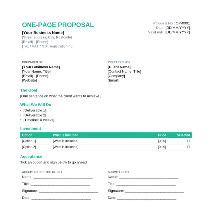 One-page proposal template with the goal, what we will do, a two-option investment table and an acceptance block