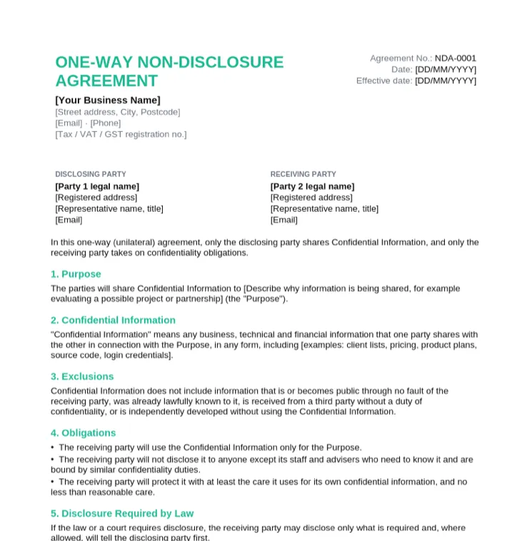 One-way non-disclosure agreement template with disclosing party, receiving party, purpose, confidential information and exclusions