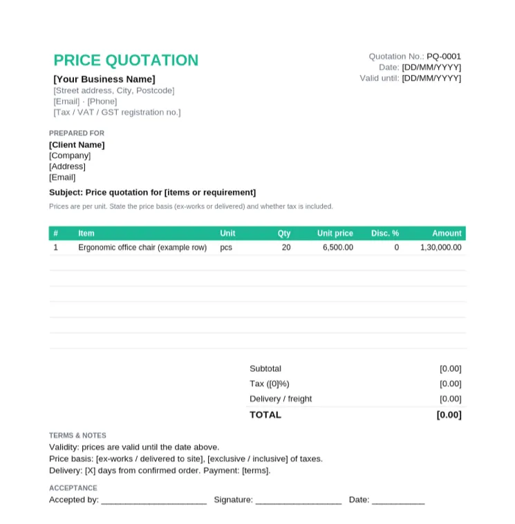 Price quotation format with item, unit, quantity, unit price, discount percent and amount columns, subtotal, tax, delivery and total