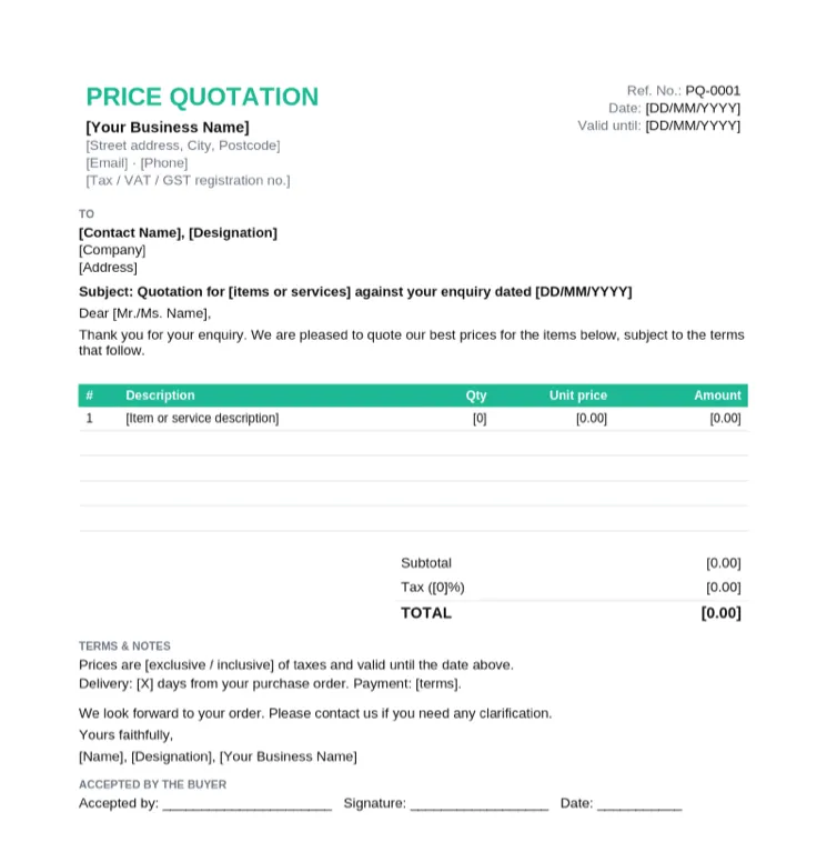 Price quotation letter format with reference number, subject line, salutation, price table, totals, terms and a formal sign-off