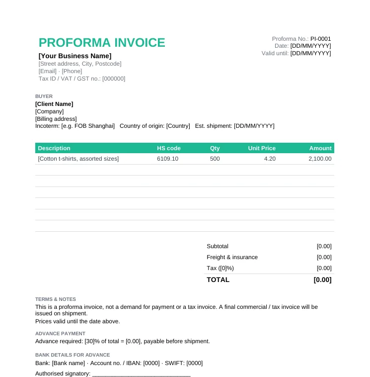 Proforma invoice template with HS codes, Incoterm, country of origin, freight and insurance, total and advance payment required