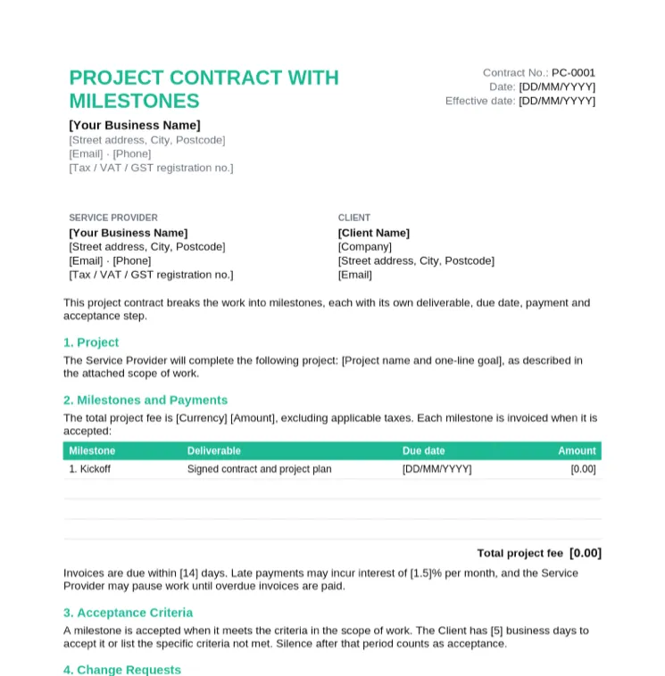 Project contract template with a milestones and payments table, acceptance criteria and change request clauses