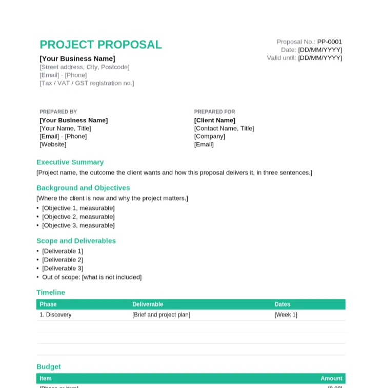 Project proposal template with executive summary, background and objectives, scope and deliverables, and a phase timeline table