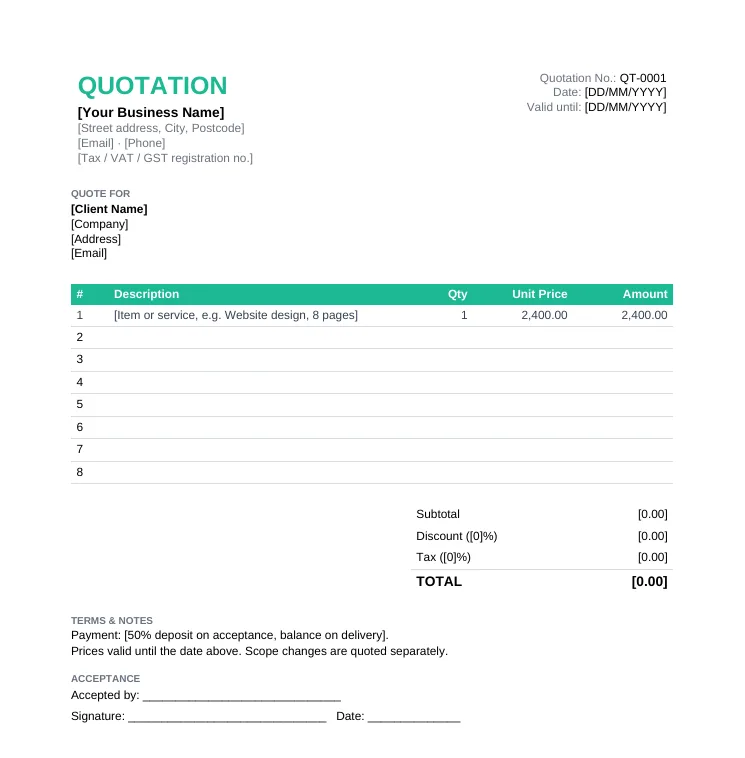 Blank standard quotation template with business details, client details, itemized price table, subtotal, discount, tax, total and acceptance line