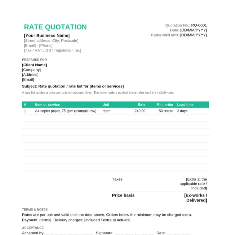 Rate quotation format listing items with unit, rate, minimum order quantity and lead time, with a rates valid until date