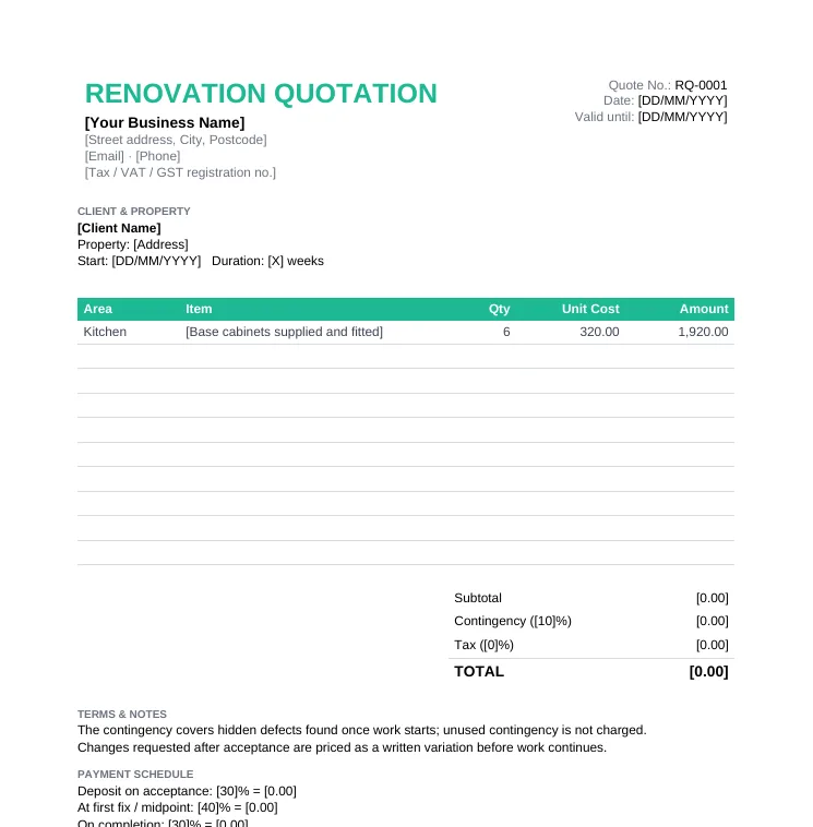 Renovation quotation template with area, item, quantity, unit cost, contingency and a deposit, midpoint and completion payment schedule