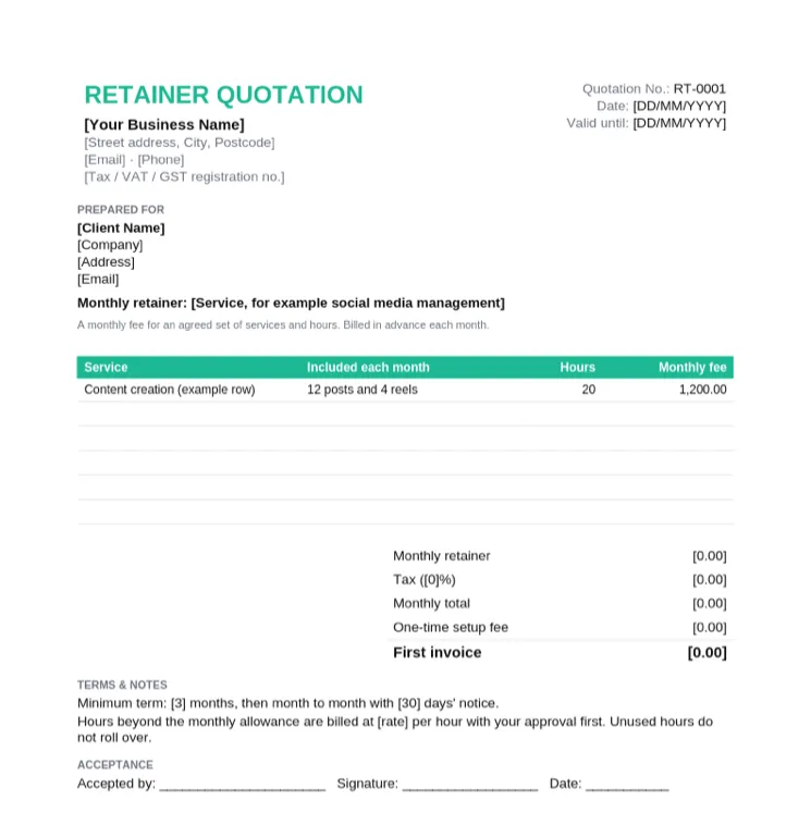Monthly retainer quotation with service, included each month, hours and monthly fee columns, tax, monthly total and one-time setup fee