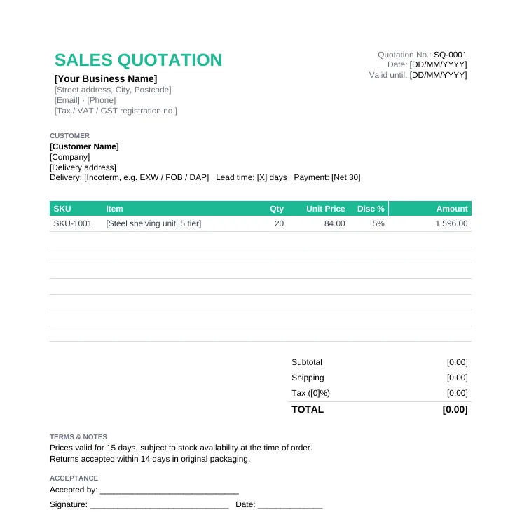 Sales quotation template for products with SKU, item, quantity, unit price, discount, shipping, tax and total