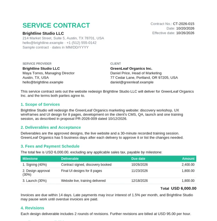 Sample service contract filled in for a website redesign between Brightline Studio LLC and GreenLeaf Organics Inc. with three milestone payments totaling USD 6,000