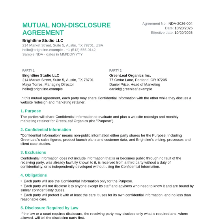 Sample mutual NDA filled in between Brightline Studio LLC and GreenLeaf Organics Inc. for a website redesign and marketing retainer