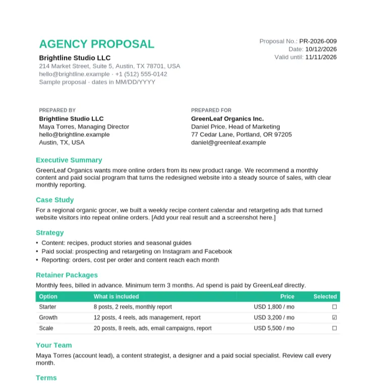 Sample agency proposal from Brightline Studio LLC to GreenLeaf Organics Inc. with a retainer packages table and the Growth package selected