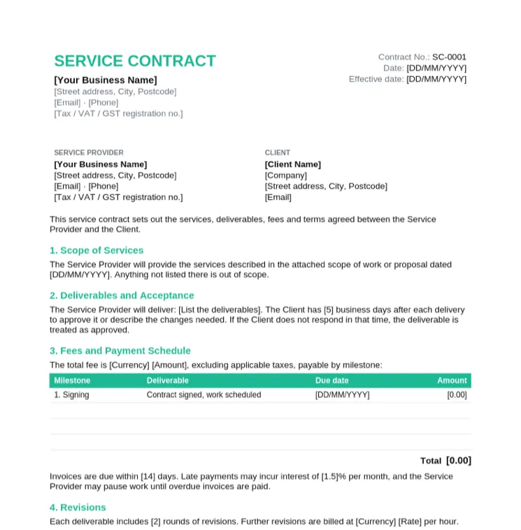 Service contract template with numbered clauses for scope of services, deliverables and acceptance, and a milestone payment schedule table
